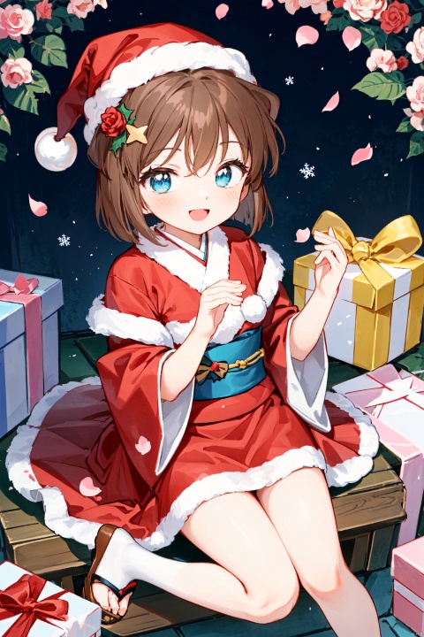  (((Short brown hair, blue eyes))), 1girl, aerith_gainsborough, brown_hair, cherry_blossoms, confetti, falling_petals, floral_print, flower, green_eyes, hair_flower, hair_ornament, interlocked_fingers, japanese_clothes, jewelry, kimono, long_hair, looking_at_viewer, open_mouth, own_hands_together, petals, pink_dress, rose_petals, sandals, smile, solo, very_long_hair, presentbox,star hair ornament,gift box,jingle bell,santa costume,santa gloves,star hair ornament,christmas wreath,santa hat, HaibaraAi, haibara ai, aihaibara