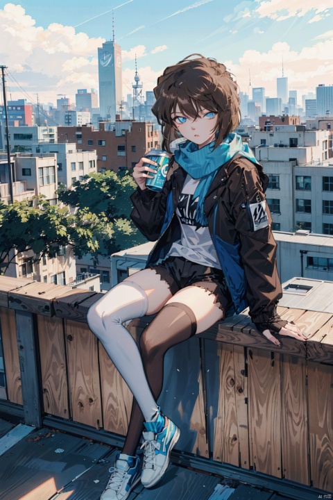  (((Short brown hair, blue eyes))), nai3, 1girl, long hair, thighhighs, solo, black hair, white thighhighs, shorts, holding, sitting, green eyes, bird, white footwear, shoes, black shorts, scarf, sneakers, jacket, looking at viewer, outdoors, bangs, long sleeves, shirt, open clothes, full body, short shorts, can, black jacket, sky, holding can, railing, ribbon, black shirt, day, open jacket, parted lips, white ribbon, building, black scarf, crow, cityscape, rooftop,HaibaraAi,哀