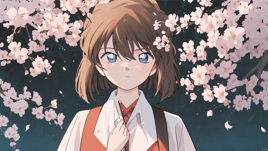  (((Brown short hair, blue eyes))), The image features a beautiful anime girl dressed in a flowing white and red dress, standing amidst a flurry of red cherry blossoms. The contrast between her white dress and the red flowers creates a striking visual effect. The lighting in the image is well-balanced, casting a warm glow on the girl and the surrounding flowers. The colors are vibrant and vivid, with the red cherry blossoms standing out against the white sky. The overall style of the image is dreamy and romantic, perfect for a piece of anime artwork. The quality of the image is excellent, with clear details and sharp focus. The girl's dress and the flowers are well-defined, and the background is evenly lit, without any harsh shadows or glare. From a technical standpoint, the image is well-composed, with the girl standing in the center of the frame, surrounded by the blossoms. The use of negative space in the background helps to draw the viewer's attention to the girl and the flowers. The cherry blossoms, often associated with transience and beauty, further reinforce this theme. The girl, lost in her thoughts, seems to be contemplating the fleeting nature of beauty and the passage of time. Overall, this is an impressive image that showcases the photographer's skill in capturing the essence of a scene, as well as their ability to create a compelling narrative through their art. (\MBTI\), (\ji jian\)