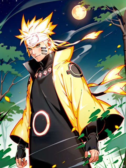  , Naruto, 1boy, black bodysuit, tomoe \(symbol\), yellow eyes, symbol-shape pupils, gold hair, headband, golden jacket, facial mark, high collar, fingerless gloves, outdoors, night, forest, glowing, fire aura, trees, dappled moonlight, falling leaves, looking away, smirk, symbol-shape