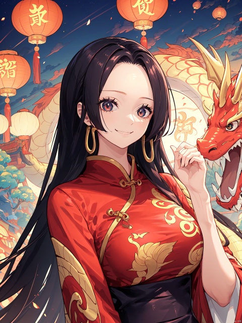  Leakage of forehead,Smiling expression,Closed mouth, 1girl, lantern, dragon,chinese clothes, looking at viewer, upper body, eastern dragon, red dress, paper lantern, dress, bangs, solo, china dress, tassel, hand up, black hair, sidelocks, medium breasts, hinata\(boruto\)