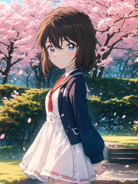  (((Short brown hair, blue eyes))), The image features a beautiful anime girl dressed in a flowing white and red dress, standing amidst a flurry of red cherry blossoms. The contrast between her white dress and the red flowers creates a striking visual effect. The lighting in the image is well-balanced, casting a warm glow on the girl and the surrounding flowers. The colors are vibrant and vivid, with the red cherry blossoms standing out against the white sky. The overall style of the image is dreamy and romantic, perfect for a piece of anime artwork. The quality of the image is excellent, with clear details and sharp focus. The girl's dress and the flowers are well-defined, and the background is evenly lit, without any harsh shadows or glare. From a technical standpoint, the image is well-composed, with the girl standing in the center of the frame, surrounded by the blossoms. The use of negative space in the background helps to draw the viewer's attention to the girl and the flowers. The cherry blossoms, often associated with transience and beauty, further reinforce this theme. The girl, lost in her thoughts, seems to be contemplating the fleeting nature of beauty and the passage of time. Overall, this is an impressive image that showcases the photographer's skill in capturing the essence of a scene, as well as their ability to create a compelling narrative through their art.catgirl,loli, kanade, (\shen ming shao nv\), cozy anime, 1girl, solo, long hair, looking at viewer, hair, blurry, blurry background, blush, bangs, depth of field,cuteloli,solo,long hair,blue eyes,shirt,hair between eyes,very long hair,blue hair,standing,jacket,,shorts,school_girl,schooluniform,blue jacket,track jacket,, kanade, HaibaraAi