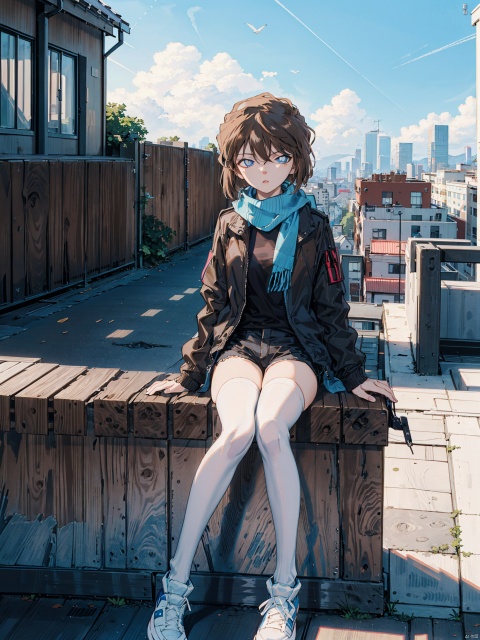  (((Short brown hair, blue eyes))), nai3, 1girl, long hair, thighhighs, solo, black hair, white thighhighs, shorts, holding, sitting, green eyes, bird, white footwear, shoes, black shorts, scarf, sneakers, jacket, looking at viewer, outdoors, bangs, long sleeves, shirt, open clothes, full body, short shorts, can, black jacket, sky, holding can, railing, ribbon, black shirt, day, open jacket, parted lips, white ribbon, building, black scarf, crow, cityscape,rooftop,HaibaraAi,哀