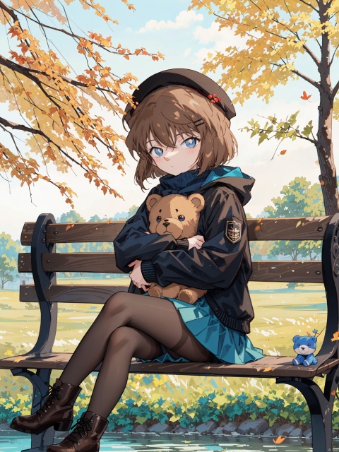  (((Short brown hair, blue eyes))), 1girl, solo, long_hair, looking_at_viewer, blush, bangs, skirt, brown_hair, hair_ornament, long_sleeves, hat, bow, holding, brown_eyes, sitting, very_long_hair, grey_hair, pantyhose, boots, outdoors, day, hairclip, hood, water, black_footwear, sweater, tree, cup, blue_skirt, black_jacket, sleeves_past_wrists, book, black_headwear, leaf, beret, watermark, brown_footwear, stuffed_toy, stuffed_animal, frilled_skirt, green_skirt, teddy_bear, brown_pantyhose, object_hug, brown_headwear, covered_mouth, bench, autumn_leaves, disposable_cup, maple_leaf, holding_stuffed_toy, autumn, coffee_cup, on_bench, nai3, aihaibara