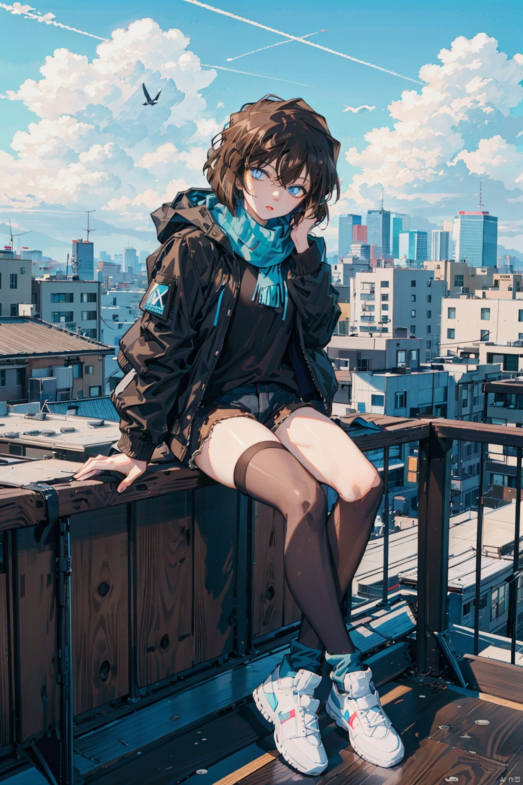  (((Short brown hair, blue eyes))), nai3, 1girl, long hair, thighhighs, solo, black hair, white thighhighs, shorts, holding, sitting, green eyes, bird, white footwear, shoes, black shorts, scarf, sneakers, jacket, looking at viewer, outdoors, bangs, long sleeves, shirt, open clothes, full body, short shorts, can, black jacket, sky, holding can, railing, ribbon, black shirt, day, open jacket, parted lips, white ribbon, building, black scarf, crow, cityscape, rooftop,HaibaraAi,哀