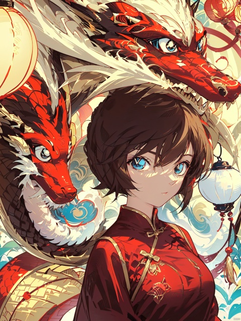  Closed mouth,Blue eyes, ((short brown hair)), 1girl, lantern, dragon, chinese clothes, looking at viewer, upper body, eastern dragon, red dress, paper lantern, dress, bangs, solo, china dress, tassel,  brown hair, sidelocks, medium breasts