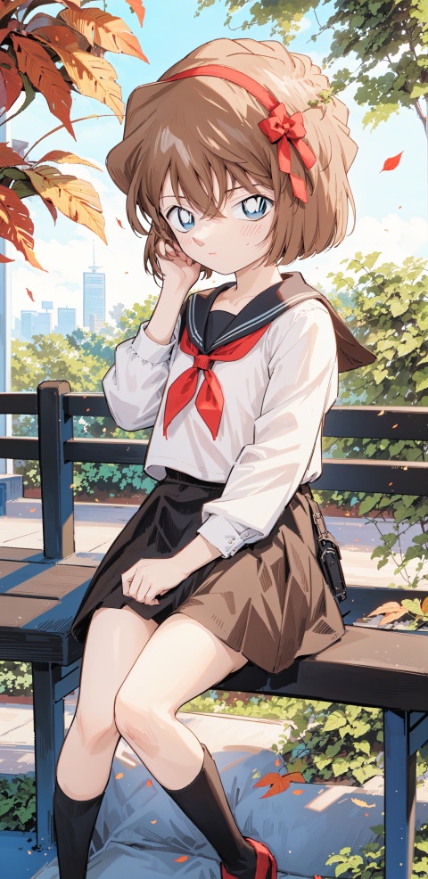  (((Short brown hair, blue eyes))), best quality, amazing quality, very aesthetic,1girl, black_hair, school_uniform, skirt, long_hair, cat, black_skirt, leaf, sitting, outdoors, looking_at_viewer, holding, serafuku, black_serafuku, holding_leaf, long_sleeves, solo, shirt, blush, yellow_eyes, bench, bangs, pleated_skirt, black_shirt, closed_mouth, autumn_leaves, ribbon, falling_leaves, from_side, neckerchief, sailor_collar, tree, hair_ribbon, autumn, day, floating_hair, blurry, on_bench, red_ribbon, white_hairband, feet_out_of_frame, park_bench, blurry_background, hand_up, red_neckerchief, animal, socks, sidelocks, white_sailor_collar, breasts