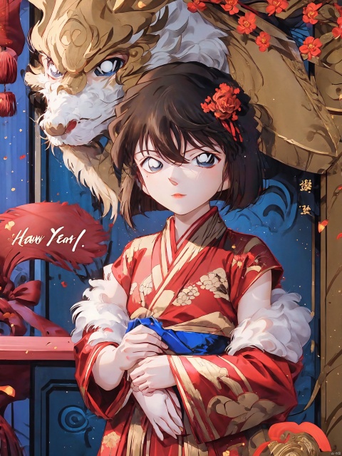 Closed mouth, Blue eyes, short brown hair,1girl,black hair,looking at viewer,dragon,closed mouth,lips,solo,female child,red new year clothes, chahua