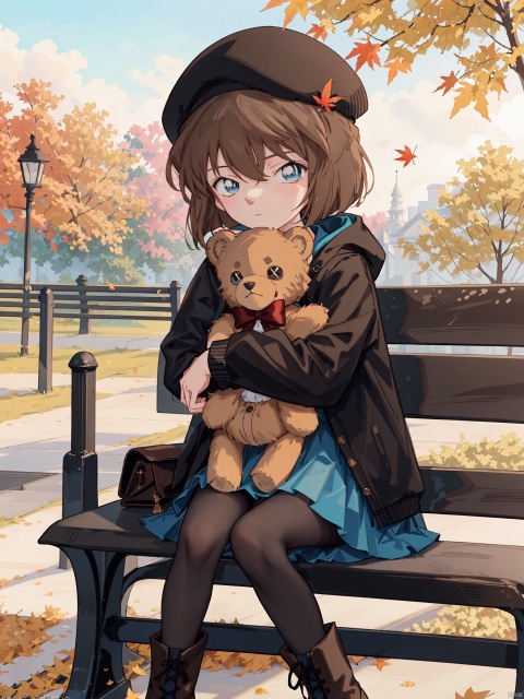  (((Short brown hair, blue eyes))), 1girl, solo, long_hair, looking_at_viewer, blush, bangs, skirt, brown_hair, hair_ornament, long_sleeves, hat, bow, holding, brown_eyes, sitting, very_long_hair, grey_hair, pantyhose, boots, outdoors, day, hairclip, hood, water, black_footwear, sweater, tree, cup, blue_skirt, black_jacket, sleeves_past_wrists, book, black_headwear, leaf, beret, watermark, brown_footwear, stuffed_toy, stuffed_animal, frilled_skirt, green_skirt, teddy_bear, brown_pantyhose, object_hug, brown_headwear, covered_mouth, bench, autumn_leaves, disposable_cup, maple_leaf, holding_stuffed_toy, autumn, coffee_cup, on_bench, nai3, aihaibara