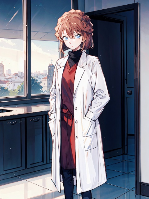  (1girl:1.2), sole,tawny_hair, lab coat,hand_in_pockets,teenager ,indoors, standing ,looking at the viewer