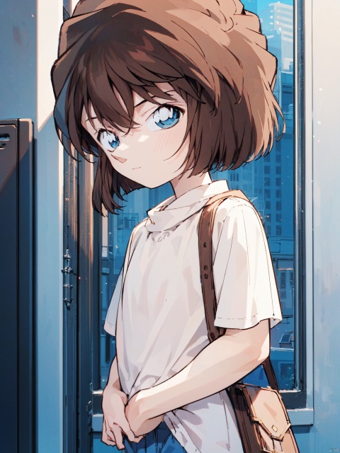  (((brown hair))), blue eyes, short hair (best quality), ((masterpiece)), (highres),standing,original, extremely detailed wallpaper, (an extremely delicate and beautiful),(loli),(petite),loose clothes,floating hair,(solo),street,city,focused,solo, (\shen ming shao nv\)