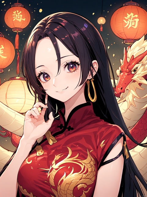  Leakage of forehead,Smiling expression,Closed mouth, 1girl, lantern, dragon,chinese clothes, looking at viewer, upper body, eastern dragon, red dress, paper lantern, dress, bangs, solo, china dress, tassel, hand up, black hair, sidelocks, medium breasts, hinata\(boruto\)