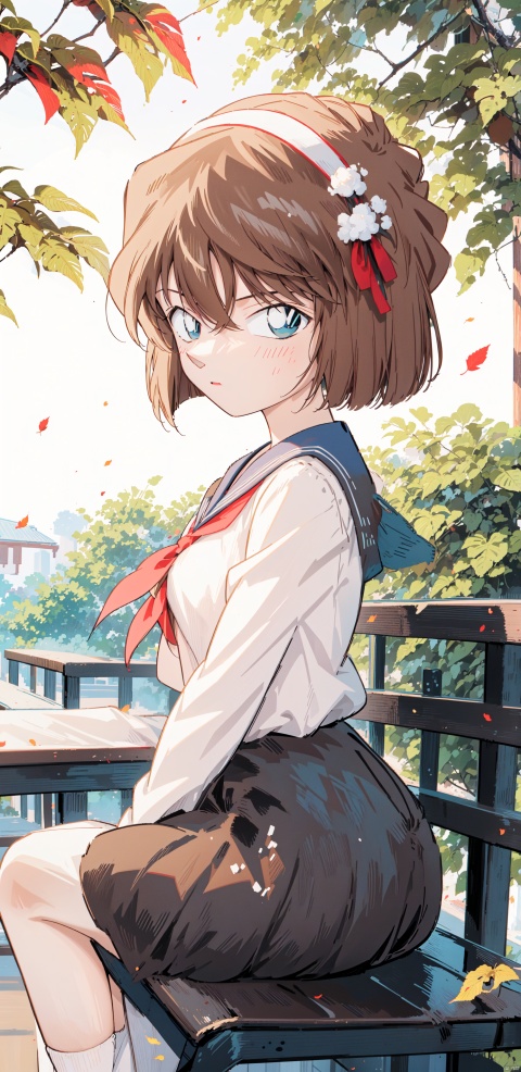  (((Short brown hair, blue eyes))), best quality, amazing quality, very aesthetic,1girl, black_hair, school_uniform, skirt, long_hair, cat, black_skirt, leaf, sitting, outdoors, looking_at_viewer, holding, serafuku, black_serafuku, holding_leaf, long_sleeves, solo, shirt, blush, yellow_eyes, bench, bangs, pleated_skirt, black_shirt, closed_mouth, autumn_leaves, ribbon, falling_leaves, from_side, neckerchief, sailor_collar, tree, hair_ribbon, autumn, day, floating_hair, blurry, on_bench, red_ribbon, white_hairband, feet_out_of_frame, park_bench, blurry_background, hand_up, red_neckerchief, animal, socks, sidelocks, white_sailor_collar, breasts