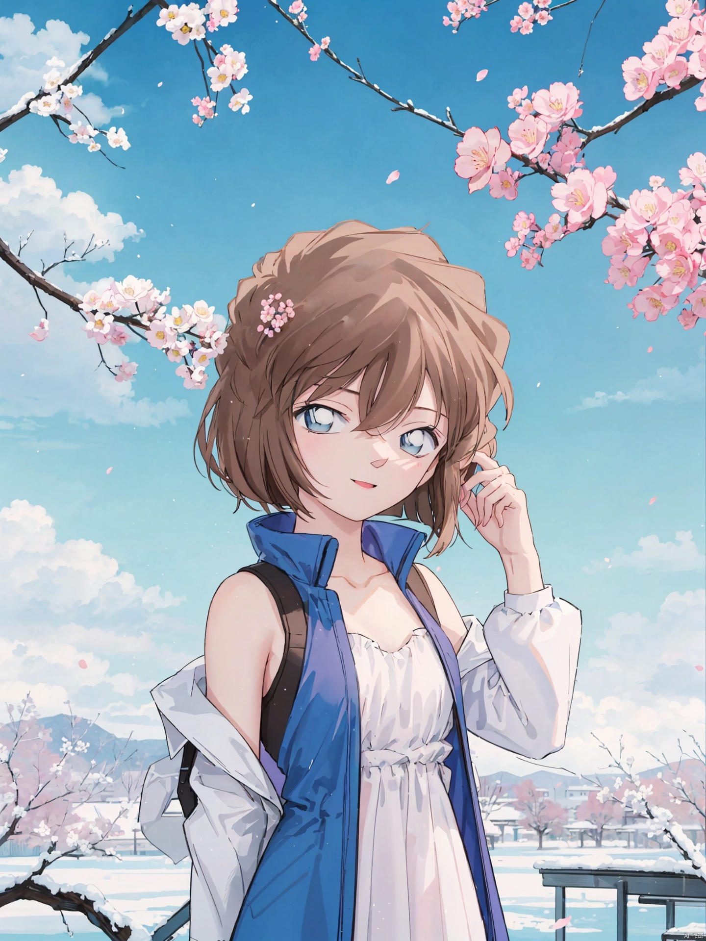  (((Short brown hair, blue eyes))),A long-haired girl stands by a cherry blossom tree. She is wearing a light blue dress, and the skirt flutters in the wind like a beautiful fairy. Her hair is blown by the wind, and some petals stick to her hair. Her face is smiling, looking very happy and joyful. The whole picture is full of warm and romantic feelings. 1girl, solo, long hair, brown hair, cherry blossoms, flower, petals, pink flower, bangs, holding, upper body, shirt, long sleeves, floating hair, off shoulder, white shirt, purple eyes, branch, parted lips, hand up, outdoors, jacket, collarbone, sleeveless, breasts, dress, white jacket, small breasts, open clothes,backlight, HaibaraAi