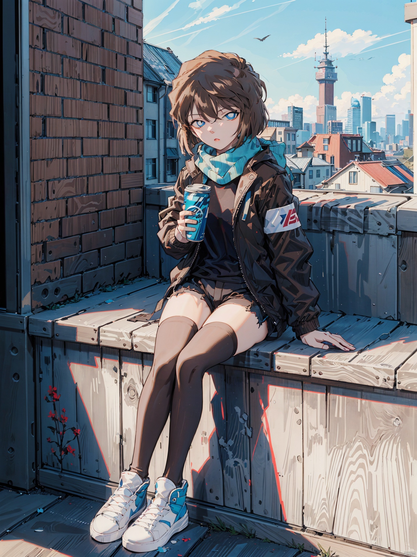  (((Short brown hair, blue eyes))), nai3, 1girl, long hair, thighhighs, solo, black hair, white thighhighs, shorts, holding, sitting, green eyes, bird, white footwear, shoes, black shorts, scarf, sneakers, jacket, looking at viewer, outdoors, bangs, long sleeves, shirt, open clothes, full body, short shorts, can, black jacket, sky, holding can, railing, ribbon, black shirt, day, open jacket, parted lips, white ribbon, building, black scarf, crow, cityscape,rooftop,HaibaraAi,哀