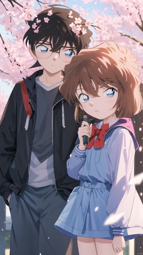  (((A man and a woman))), (((Short brown hair, blue eyes))), The image features a beautiful anime girl dressed in a flowing white and red dress, standing amidst a flurry of red cherry blossoms. The contrast between her white dress and the red flowers creates a striking visual effect. The lighting in the image is well-balanced, casting a warm glow on the girl and the surrounding flowers. The colors are vibrant and vivid, with the red cherry blossoms standing out against the white sky. The overall style of the image is dreamy and romantic, perfect for a piece of anime artwork. The quality of the image is excellent, with clear details and sharp focus. The girl's dress and the flowers are well-defined, and the background is evenly lit, without any harsh shadows or glare. From a technical standpoint, the image is well-composed, with the girl standing in the center of the frame, surrounded by the blossoms. The use of negative space in the background helps to draw the viewer's attention to the girl and the flowers. The cherry blossoms, often associated with transience and beauty, further reinforce this theme. The girl, lost in her thoughts, seems to be contemplating the fleeting nature of beauty and the passage of time. Overall, this is an impressive image that showcases the photographer's skill in capturing the essence of a scene, as well as their ability to create a compelling narrative through their art.catgirl,loli, kanade, (\shen ming shao nv\), cozy anime, 1girl, solo, looking at viewer, hair, blurry, blurry background, blush, bangs, depth of field,cuteloli,solo,long hair,blueeyes,shirt,hairbetweeneyes,verylonghair,bluehair,standing,jacket,,shorts,school_girl,schooluniform,bluejacket,trackjacket,,kanade,HaibaraAi,哀, haibara ai, 1boy