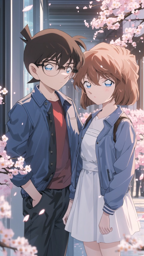  (((A man and a woman))), (((Short brown hair, blue eyes))), The image features a beautiful anime girl dressed in a flowing white and red dress, standing amidst a flurry of red cherry blossoms. The contrast between her white dress and the red flowers creates a striking visual effect. The lighting in the image is well-balanced, casting a warm glow on the girl and the surrounding flowers. The colors are vibrant and vivid, with the red cherry blossoms standing out against the white sky. The overall style of the image is dreamy and romantic, perfect for a piece of anime artwork. The quality of the image is excellent, with clear details and sharp focus. The girl's dress and the flowers are well-defined, and the background is evenly lit, without any harsh shadows or glare. From a technical standpoint, the image is well-composed, with the girl standing in the center of the frame, surrounded by the blossoms. The use of negative space in the background helps to draw the viewer's attention to the girl and the flowers. The cherry blossoms, often associated with transience and beauty, further reinforce this theme. The girl, lost in her thoughts, seems to be contemplating the fleeting nature of beauty and the passage of time. Overall, this is an impressive image that showcases the photographer's skill in capturing the essence of a scene, as well as their ability to create a compelling narrative through their art.catgirl,loli, kanade, (\shen ming shao nv\), cozy anime, 1girl, solo, looking at viewer, hair, blurry, blurry background, blush, bangs, depth of field,cuteloli,solo,longhair,blueeyes,shirt,hairbetweeneyes,verylonghair,bluehair,standing,jacket,,shorts,school_girl,schooluniform,bluejacket,trackjacket,,kanade,HaibaraAi,哀, haibara ai, 1boy