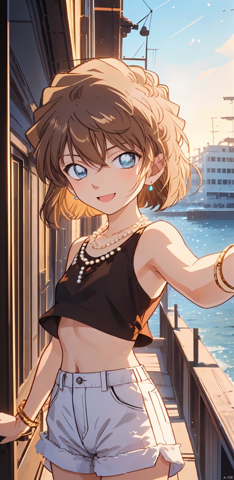  (((Short brown hair, blue eyes))),solo, (perfect face), (detailed outfit), (16 years old), cute female, happy, (happy expression), (outstretched arms), blonde hair, long hair, straight hair, blue eyes, light skin, small chest_circumference, white crop top, hot pants, pearl earrings, silver necklace, gold bracelet, from front, outdoor, beach, fishing boat, evening, clear, (masterpiece), (best quality), (sharp focus), (depth of field), (high res), (\shen ming shao nv\)