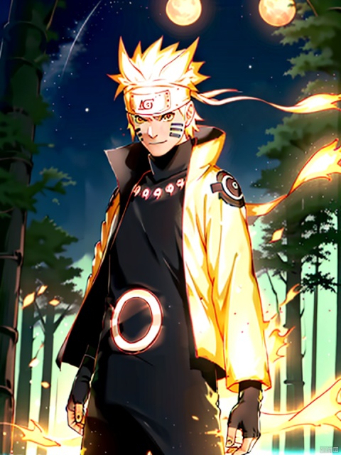  , Naruto, 1boy, black bodysuit, tomoe \(symbol\), yellow eyes, symbol-shape pupils, gold hair, headband, golden jacket, facial mark, high collar, fingerless gloves, outdoors, night, forest, glowing, fire aura, trees, dappled moonlight, falling leaves, looking away, smirk, symbol-shape