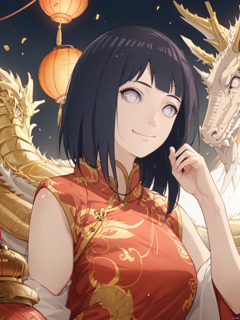  Smiling expression,Closed mouth, 1girl, lantern, dragon,chinese clothes, looking at viewer, upper body, eastern dragon, red dress, paper lantern, dress, bangs, solo, china dress, tassel, hand up, brown hair, sidelocks, medium breasts, hinata\(boruto\)