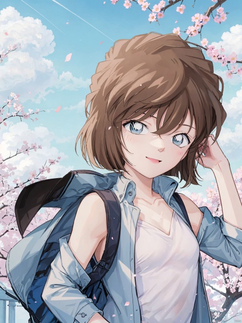  (((Short brown hair, blue eyes))),A long-haired girl stands by a cherry blossom tree. She is wearing a light blue dress, and the skirt flutters in the wind like a beautiful fairy. Her hair is blown by the wind, and some petals stick to her hair. Her face is smiling, looking very happy and joyful. The whole picture is full of warm and romantic feelings. 1girl, solo, long hair, brown hair, cherry blossoms, flower, petals, pink flower, bangs, holding, upper body, shirt, long sleeves, floating hair, off shoulder, white shirt, purple eyes, branch, parted lips, hand up, outdoors, jacket, collarbone, sleeveless, breasts, dress, white jacket, small breasts, open clothes,backlight, HaibaraAi