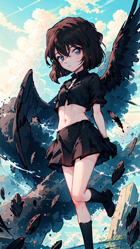  Short brown hair, blue eyes, (((masterpiece))),best quality, extremely detailed CG unity 8k, illustration, contour deepening beautiful detailed glow,(beautiful detailed eyes), (1 girl:1.1), ((Bana)), large top sleeves, Floating black ashes, Beautiful and detailed black, red moon, ((The black clouds)), (black Wings) , a black cloudy sky, burning, black dress, (beautiful detailed eyes), black expressionless, beautiful detailed white gloves, (crow), bat, (floating black cloud:1.5),white and black hair, disheveled hair, long bangs, hairs between eyes, black knee-highs, black ribbon, white bowties, midriff,{{{half closed eyes}}},((Black fog)), Red eyes, (black smoke), complex pattern, ((Black feathers floating in the air)), (((arms behind back))), HaibaraAi