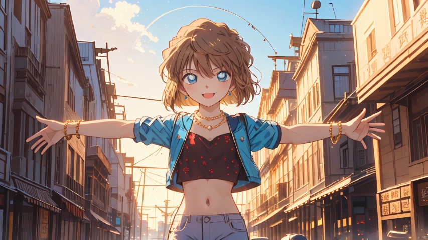  (((Short brown hair, blue eyes))),solo, (perfect face), (detailed outfit), (16 years old), cute female, happy, (happy expression), (outstretched arms), blonde hair, long hair, straight hair, blue eyes, light skin, small chest_circumference, white crop top, hot pants, pearl earrings, silver necklace, gold bracelet, from front, outdoor, beach, tetrapods, harbor, fishing boat, evening, clear, (masterpiece), (best quality), (sharp focus), (depth of field), (high res), (\shen ming shao nv\)