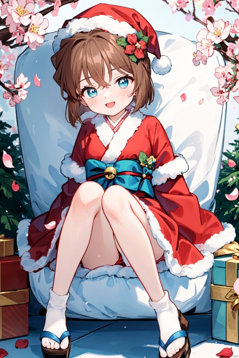  (((Short brown hair, blue eyes))), 1girl, aerith_gainsborough, brown_hair, cherry_blossoms, confetti, falling_petals, floral_print, flower, green_eyes, hair_flower, hair_ornament, interlocked_fingers, japanese_clothes, jewelry, kimono, long_hair, looking_at_viewer, open_mouth, own_hands_together, petals, pink_dress, rose_petals, sandals, smile, solo, very_long_hair, presentbox,star hair ornament,gift box,jingle bell,santa costume,santa gloves,star hair ornament,christmas wreath,santa hat, HaibaraAi, haibara ai, aihaibara