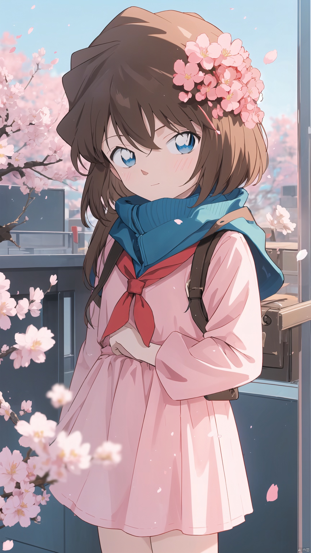  (((Short brown hair, blue eyes))), The image features a beautiful anime girl dressed in a flowing white and red dress, standing amidst a flurry of red cherry blossoms. The contrast between her white dress and the red flowers creates a striking visual effect. The lighting in the image is well-balanced, casting a warm glow on the girl and the surrounding flowers. The colors are vibrant and vivid, with the red cherry blossoms standing out against the white sky. The overall style of the image is dreamy and romantic, perfect for a piece of anime artwork. The quality of the image is excellent, with clear details and sharp focus. The girl's dress and the flowers are well-defined, and the background is evenly lit, without any harsh shadows or glare. From a technical standpoint, the image is well-composed, with the girl standing in the center of the frame, surrounded by the blossoms. The use of negative space in the background helps to draw the viewer's attention to the girl and the flowers. The cherry blossoms, often associated with transience and beauty, further reinforce this theme. The girl, lost in her thoughts, seems to be contemplating the fleeting nature of beauty and the passage of time. Overall, this is an impressive image that showcases the photographer's skill in capturing the essence of a scene, as well as their ability to create a compelling narrative through their art.catgirl,loli, kanade, (\shen ming shao nv\), cozy anime, 1girl, solo, long hair, looking at viewer, hair, blurry, blurry background, blush, bangs, depth of field,cuteloli,solo,long hair,blue eyes,shirt,hair between eyes,very long hair,blue hair,standing,jacket,,shorts,school_girl,schooluniform,blue jacket,track jacket,, kanade,HaibaraAi,哀, haibara ai