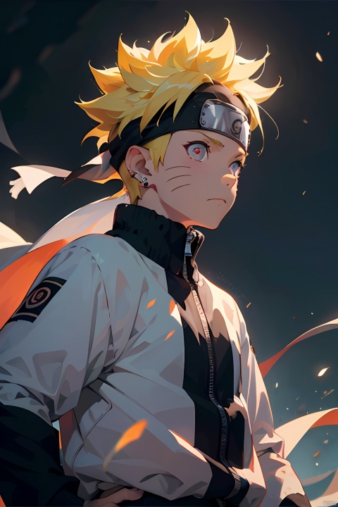  HuoYin, 1boy, male focus, blonde hair, solo, forehead protector, red eyes, spiked hair, looking at viewer, long sleeves, from side, konohagakure symbol, upper body, glowing, piercing, closed mouth, headband, ear piercing, jacket, uzumaki naruto