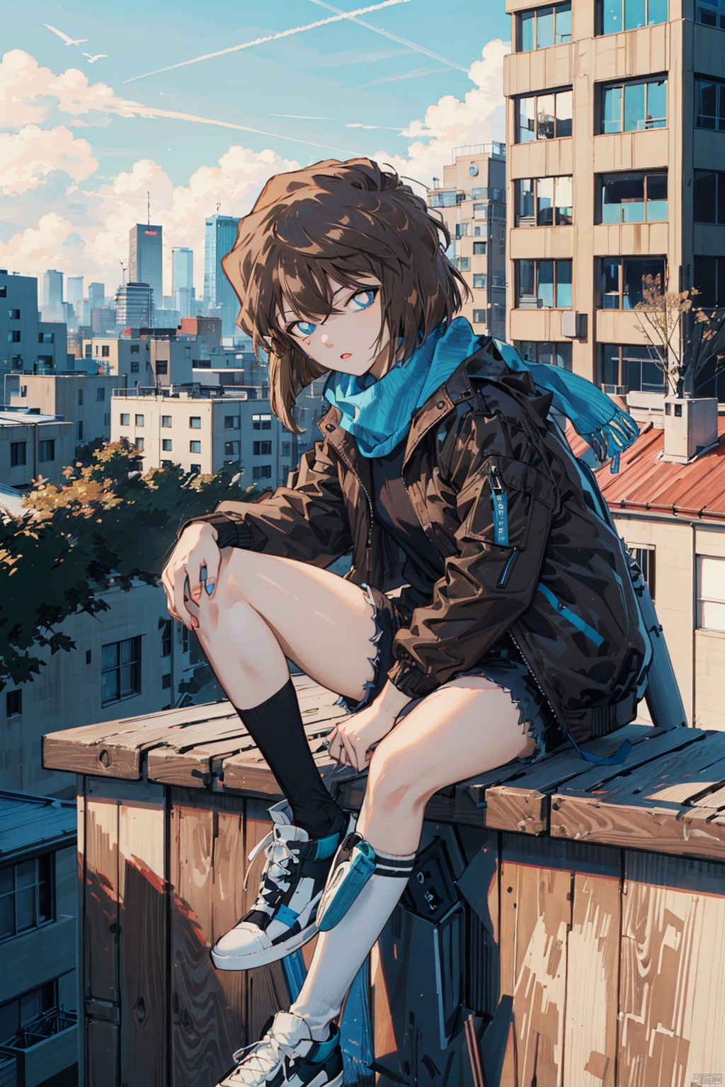  (((Short brown hair, blue eyes))), nai3, 1girl, long hair, thighhighs, solo, black hair, white thighhighs, shorts, holding, sitting, green eyes, bird, white footwear, shoes, black shorts, scarf, sneakers, jacket, looking at viewer, outdoors, bangs, long sleeves, shirt, open clothes, full body, short shorts, can, black jacket, sky, holding can, railing, ribbon, black shirt, day, open jacket, parted lips, white ribbon, building, black scarf, crow, cityscape, rooftop,HaibaraAi,哀