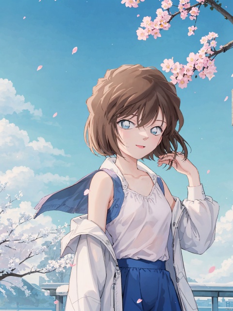  (((Short brown hair, blue eyes))),A long-haired girl stands by a cherry blossom tree. She is wearing a light blue dress, and the skirt flutters in the wind like a beautiful fairy. Her hair is blown by the wind, and some petals stick to her hair. Her face is smiling, looking very happy and joyful. The whole picture is full of warm and romantic feelings. 1girl, solo, long hair, brown hair, cherry blossoms, flower, petals, pink flower, bangs, holding, upper body, shirt, long sleeves, floating hair, off shoulder, white shirt, purple eyes, branch, parted lips, hand up, outdoors, jacket, collarbone, sleeveless, breasts, dress, white jacket, small breasts, open clothes,backlight, HaibaraAi