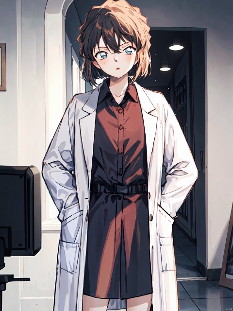  (1girl:1.2), sole,tawny_hair, lab coat,hand_in_pockets,teenager ,indoors, standing ,looking at the viewer