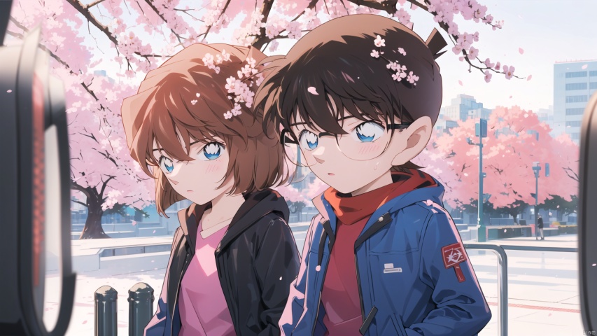  (((A man and a woman))), (((Short brown hair, blue eyes))), The image features a beautiful anime girl dressed in a flowing white and red dress, standing amidst a flurry of red cherry blossoms. The contrast between her white dress and the red flowers creates a striking visual effect. The lighting in the image is well-balanced, casting a warm glow on the girl and the surrounding flowers. The colors are vibrant and vivid, with the red cherry blossoms standing out against the white sky. The overall style of the image is dreamy and romantic, perfect for a piece of anime artwork. The quality of the image is excellent, with clear details and sharp focus. The girl's dress and the flowers are well-defined, and the background is evenly lit, without any harsh shadows or glare. From a technical standpoint, the image is well-composed, with the girl standing in the center of the frame, surrounded by the blossoms. The use of negative space in the background helps to draw the viewer's attention to the girl and the flowers. The cherry blossoms, often associated with transience and beauty, further reinforce this theme. The girl, lost in her thoughts, seems to be contemplating the fleeting nature of beauty and the passage of time. Overall, this is an impressive image that showcases the photographer's skill in capturing the essence of a scene, as well as their ability to create a compelling narrative through their art.catgirl,loli, kanade, (\shen ming shao nv\), cozy anime, 1girl, solo, looking at viewer, hair, blurry, blurry background, blush, bangs, depth of field,cuteloli,solo,long hair,blueeyes,shirt,hairbetweeneyes,verylonghair,bluehair,standing,jacket,,shorts,school_girl,schooluniform,bluejacket,trackjacket,,kanade,HaibaraAi,哀, haibara ai, 1boy