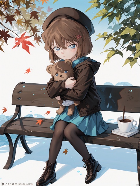  (((Short brown hair, blue eyes))), 1girl, solo, long_hair, looking_at_viewer, blush, bangs, skirt, brown_hair, hair_ornament, long_sleeves, hat, bow, holding, brown_eyes, sitting, very_long_hair, grey_hair, pantyhose, boots, outdoors, day, hairclip, hood, water, black_footwear, sweater, tree, cup, blue_skirt, black_jacket, sleeves_past_wrists, book, black_headwear, leaf, beret, watermark, brown_footwear, stuffed_toy, stuffed_animal, frilled_skirt, green_skirt, teddy_bear, brown_pantyhose, object_hug, brown_headwear, covered_mouth, bench, autumn_leaves, disposable_cup, maple_leaf, holding_stuffed_toy, autumn, coffee_cup, on_bench, nai3, aihaibara