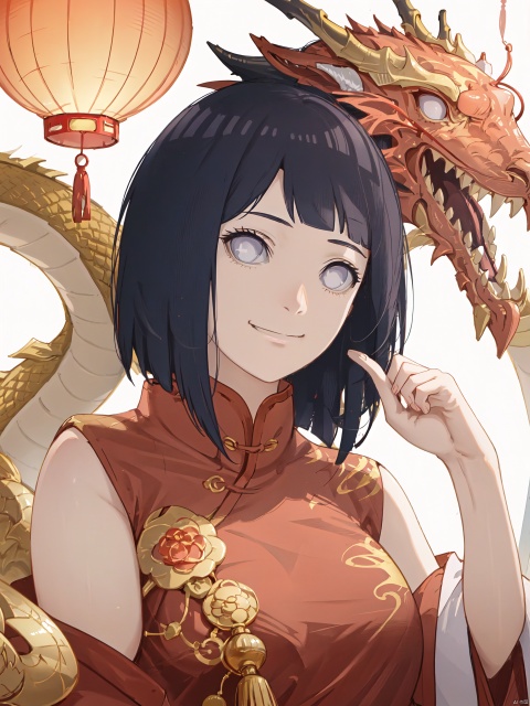  Smiling expression,Closed mouth, 1girl, lantern, dragon,chinese clothes, looking at viewer, upper body, eastern dragon, red dress, paper lantern, dress, bangs, solo, china dress, tassel, hand up, brown hair, sidelocks, medium breasts, hinata\(boruto\)