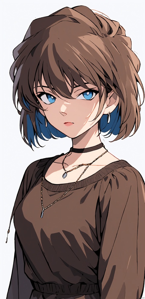  (((Short brown hair, blue eyes))), 1girl, solo, long hair, looking at viewer, bangs, jewelry, closed mouth, blue hair, purple eyes, upper body, braid, earrings, choker, artist name, pink eyes, necklace, twin braids, collar, lips, tattoo, chain, black choker, piercing, ear piercing, asymmetrical bangs, jinx \(league of legends\), jijianchahua