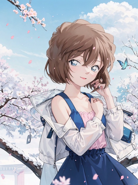  (((Short brown hair, blue eyes))),A long-haired girl stands by a cherry blossom tree. She is wearing a light blue dress, and the skirt flutters in the wind like a beautiful fairy. Her hair is blown by the wind, and some petals stick to her hair. Her face is smiling, looking very happy and joyful. The whole picture is full of warm and romantic feelings. 1girl, solo, long hair, brown hair, cherry blossoms, flower, petals, pink flower, bangs, holding, upper body, shirt, long sleeves, floating hair, off shoulder, white shirt, purple eyes, branch, parted lips, hand up, outdoors, jacket, collarbone, sleeveless, breasts, dress, white jacket, small breasts, open clothes,backlight, HaibaraAi