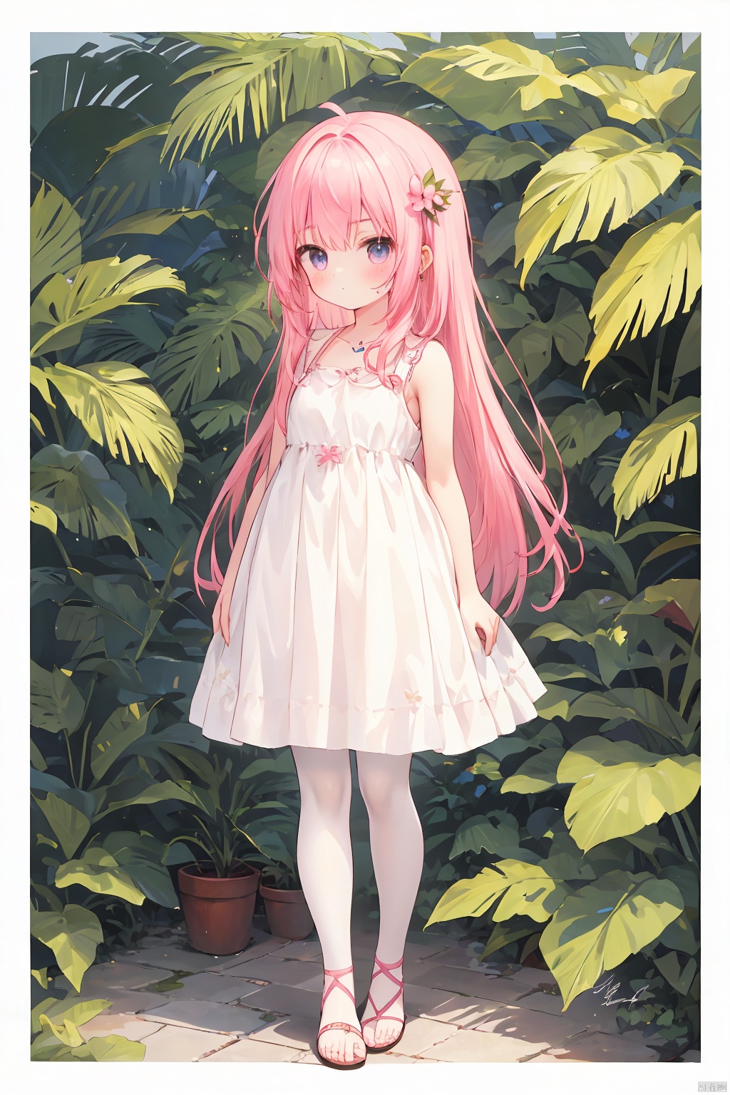  1girl, artist_name, bangs, bare_arms, bird, dress, flower, full_body, jewelry, leaf, long_hair, pink_hair, plant, sandals, signature, , white pantyhose