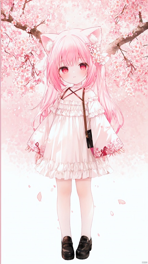  standing amidst a flurry of red cherry blossoms. The contrast between her white dress and the red flowers creates a striking visual effect. The lighting in the image is well-balanced, casting a warm glow on the girl and the surrounding flowers. The colors are vibrant and vivid, with the red cherry blossoms standing out against the white sky. The overall style of the image is dreamy and romantic, perfect for a piece of anime artwork. The quality of the image is excellent, with clear details and sharp focus. The girl's dress and the flowers are well-defined, and the background is evenly lit, without any harsh shadows or glare. From a technical standpoint, the image is well-composed, with the girl standing in the center of the frame, surrounded by the blossoms. The use of negative space in the background helps to draw the viewer's attention to the girl and the flowers. The cherry blossoms, often associated with transience and beauty, further reinforce this theme. The girl, lost in her thoughts, seems to be contemplating the fleeting nature of beauty and the passage of time. Overall, this is an impressive image that showcases the photographer's skill in capturing the essence of a scene, as well as their ability to create a compelling narrative through their art.,pink hair,cat ears,(loli, child, little girl, 3-years-old:1.3),cleavage, bare shoulders, off shoulder, Japanese clothes,long hair,full body,full body,372089