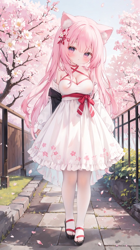  standing amidst a flurry of red cherry blossoms. The contrast between her white dress and the red flowers creates a striking visual effect. The lighting in the image is well-balanced, casting a warm glow on the girl and the surrounding flowers. The colors are vibrant and vivid, with the red cherry blossoms standing out against the white sky. The overall style of the image is dreamy and romantic, perfect for a piece of anime artwork. The quality of the image is excellent, with clear details and sharp focus. The girl's dress and the flowers are well-defined, and the background is evenly lit, without any harsh shadows or glare. From a technical standpoint, the image is well-composed, with the girl standing in the center of the frame, surrounded by the blossoms. The use of negative space in the background helps to draw the viewer's attention to the girl and the flowers. The cherry blossoms, often associated with transience and beauty, further reinforce this theme. The girl, lost in her thoughts, seems to be contemplating the fleeting nature of beauty and the passage of time. Overall, this is an impressive image that showcases the photographer's skill in capturing the essence of a scene, as well as their ability to create a compelling narrative through their art.cat ears,(loli, child, little girl, 3-years-old:1.3), (huge breasts:1.5), big nipples,cleavage, bare shoulders, off shoulder, Japanese clothes,long hair,full body,full body, 