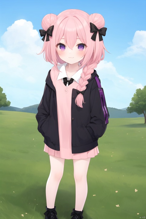 solo, looking at viewer, blush, smile, bangs, bow, hair between eyes, standing, purple eyes, full body, pink hair, braid, hair bow, male focus, outdoors, sky, day, cloud, hair bun, blue sky, no humans, black bow, :3, hair intakes, animalization, astolfo \(fate\)