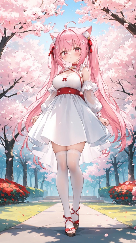  standing amidst a flurry of red cherry blossoms. The contrast between her white dress and the red flowers creates a striking visual effect. The lighting in the image is well-balanced, casting a warm glow on the girl and the surrounding flowers. The colors are vibrant and vivid, with the red cherry blossoms standing out against the white sky. The overall style of the image is dreamy and romantic, perfect for a piece of anime artwork. The quality of the image is excellent, with clear details and sharp focus. The girl's dress and the flowers are well-defined, and the background is evenly lit, without any harsh shadows or glare. From a technical standpoint, the image is well-composed, with the girl standing in the center of the frame, surrounded by the blossoms. The use of negative space in the background helps to draw the viewer's attention to the girl and the flowers. The cherry blossoms, often associated with transience and beauty, further reinforce this theme. The girl, lost in her thoughts, seems to be contemplating the fleeting nature of beauty and the passage of time. Overall, this is an impressive image that showcases the photographer's skill in capturing the essence of a scene, as well as their ability to create a compelling narrative through their art.,pink hair,cat ears,(loli, child, little girl, 3-years-old:1.3), (huge breasts:1.5), big nipples,cleavage, bare shoulders, off shoulder, Japanese clothes,long hair,full body,full body, spotless white