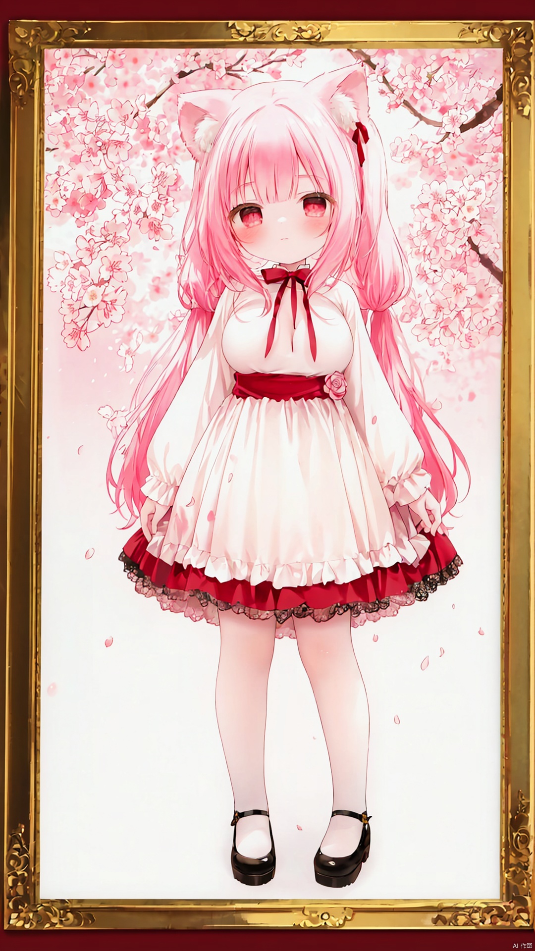  standing amidst a flurry of red cherry blossoms. The contrast between her white dress and the red flowers creates a striking visual effect. The lighting in the image is well-balanced, casting a warm glow on the girl and the surrounding flowers. The colors are vibrant and vivid, with the red cherry blossoms standing out against the white sky. The overall style of the image is dreamy and romantic, perfect for a piece of anime artwork. The quality of the image is excellent, with clear details and sharp focus. The girl's dress and the flowers are well-defined, and the background is evenly lit, without any harsh shadows or glare. From a technical standpoint, the image is well-composed, with the girl standing in the center of the frame, surrounded by the blossoms. The use of negative space in the background helps to draw the viewer's attention to the girl and the flowers. The cherry blossoms, often associated with transience and beauty, further reinforce this theme. The girl, lost in her thoughts, seems to be contemplating the fleeting nature of beauty and the passage of time. Overall, this is an impressive image that showcases the photographer's skill in capturing the essence of a scene, as well as their ability to create a compelling narrative through their art.,pink hair,cat ears,(loli, child, little girl, 3-years-old:1.3), (huge breasts:1.5), big nipples,cleavage, bare shoulders, off shoulder, Japanese clothes,long hair,full body,full body,372089