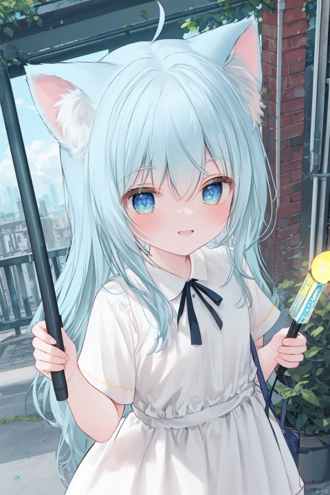 parameters:((masterpiece)),((best quality)),clean lines,(upper_body:0.9),from_above,(dynamic pose:1.1),1girl,solo,early_teen,(child:0.9),long hair,blue hair,messy hair,cat ears,ahoge,short_sleeves,white_dress,looking_at_viewer,holding,holding wand,smile,cloud,(market stall:0.9),neon lights,street lamp,crowd,path,Industrial wind,Chinese architecture,,,,