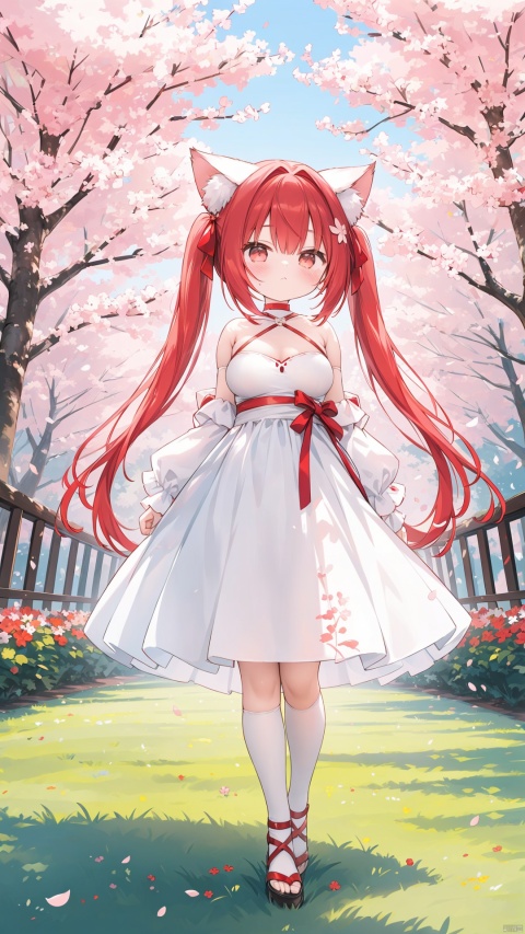  standing amidst a flurry of red cherry blossoms. The contrast between her white dress and the red flowers creates a striking visual effect. The lighting in the image is well-balanced, casting a warm glow on the girl and the surrounding flowers. The colors are vibrant and vivid, with the red cherry blossoms standing out against the white sky. The overall style of the image is dreamy and romantic, perfect for a piece of anime artwork. The quality of the image is excellent, with clear details and sharp focus. The girl's dress and the flowers are well-defined, and the background is evenly lit, without any harsh shadows or glare. From a technical standpoint, the image is well-composed, with the girl standing in the center of the frame, surrounded by the blossoms. The use of negative space in the background helps to draw the viewer's attention to the girl and the flowers. The cherry blossoms, often associated with transience and beauty, further reinforce this theme. The girl, lost in her thoughts, seems to be contemplating the fleeting nature of beauty and the passage of time. Overall, this is an impressive image that showcases the photographer's skill in capturing the essence of a scene, as well as their ability to create a compelling narrative through their art.cat ears,(loli, child, little girl, 3-years-old:1.3), (huge breasts:1.5), big nipples,cleavage, bare shoulders, off shoulder, Japanese clothes,long hair,full body,full body, spotless white