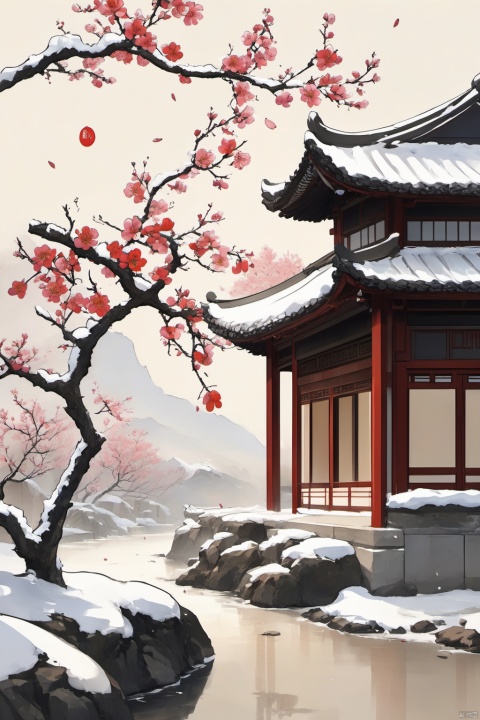 A few plum blossoms in the corner, blooming alone by Ling Han. Illustrations, simple background, white background, flowers, trees, no one, traditional media, branches, houses, heavy snow, 雪景, Guo Hua