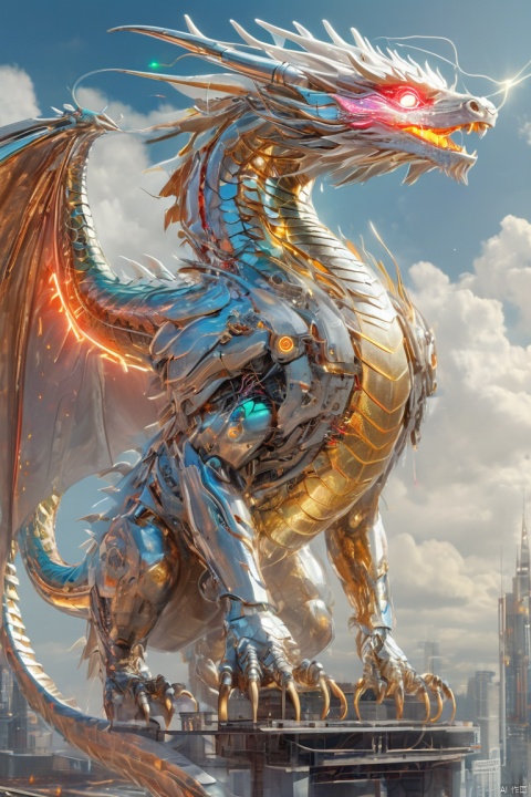 A huge cyberpunk style dragon is flying in the sky, its body made of metal and machinery, shining with golden light. Its wings spread out, as if flying in the clouds. The dragon's eyes emit a laser, giving people a mysterious and powerful feeling. High definition, clear and realistic painting art
