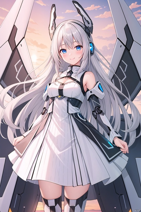  Masterpiece, best quality (illustration), cute detail face, 1 girl, solo, long_ Hair, white hair, blue eyes, dress, boots, mecha, robot joints, single robot arm, headgear, mechanical wings with vertical takeoff and landing fans, black and white dress, gray wings, mechanical wings, mechanical ears, detailed background, beautiful sunrise, orange sky, pink clouds, golden rays, hair, magic, scenery,smile