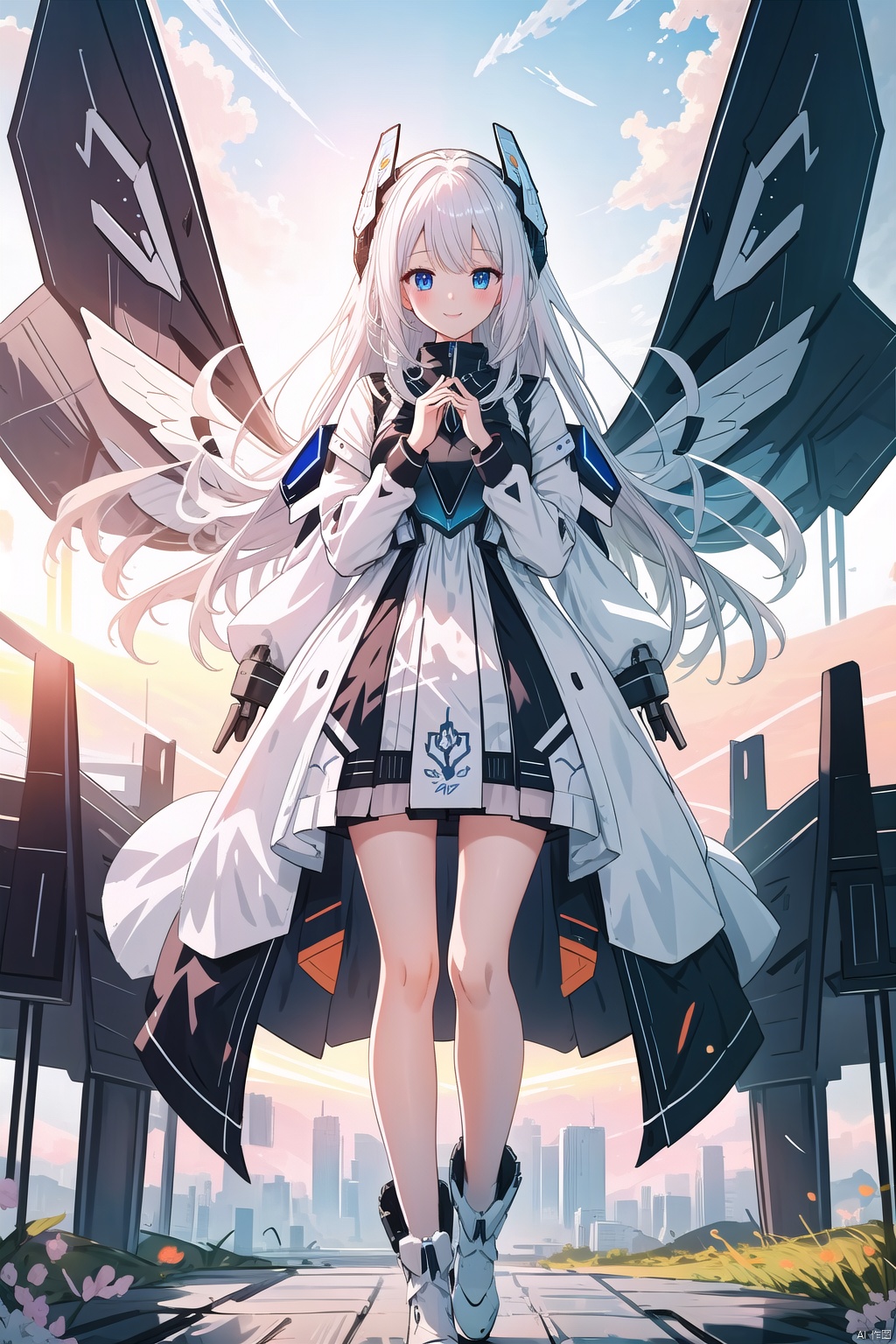  Masterpiece, best quality (illustration), cute detail face, 1 girl, solo, long_ Hair, white hair, blue eyes, dress, boots, mecha, robot joints, single robot arm, headgear, mechanical wings with vertical takeoff and landing fans, black and white dress, gray wings, mechanical wings, mechanical ears, detailed background, beautiful sunrise, orange sky, pink clouds, golden rays, hair, magic, scenery,smile